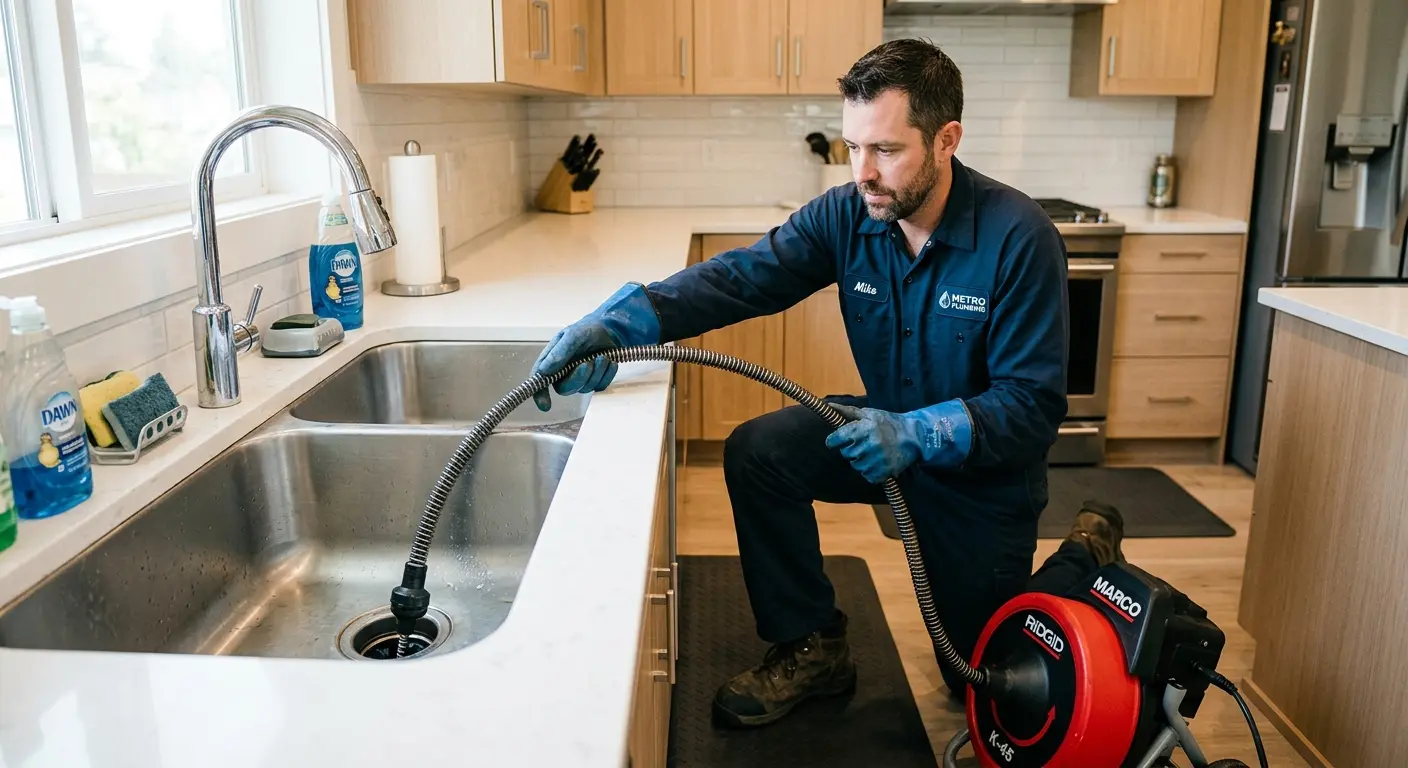 Drain cleaning technician using a motorized snake on a kitchen sink in Wyoming