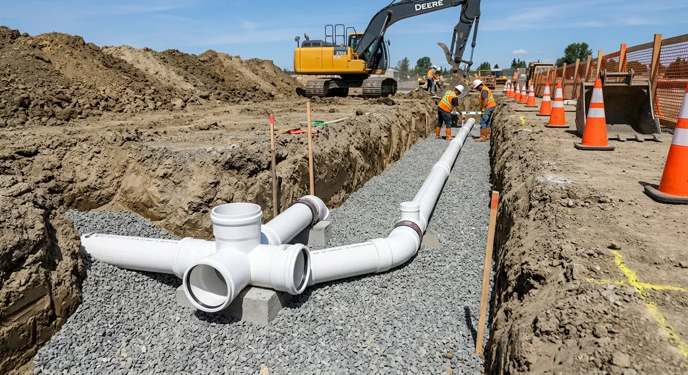 New PVC sewer pipe installation in open trench for Commercial Drain Cleaning in Wyoming