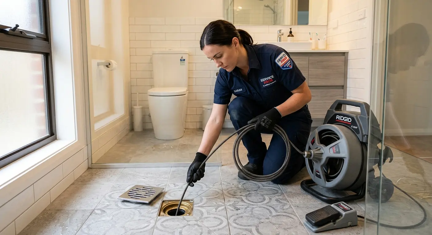 Technician clearing a bathroom floor drain for Hydro Jetting in Wyoming